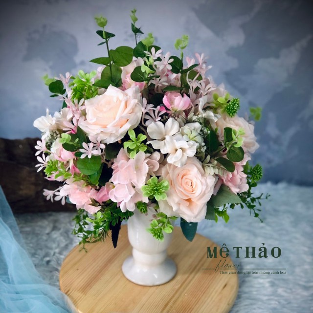 Ảnh shop chụp) Bình Hoa Giả Tone Hồng Trang Trí Nhà Cửa, Decor Phòng Khách Chất Liệu Lụa Cao Cấp Mê Thảo Flower