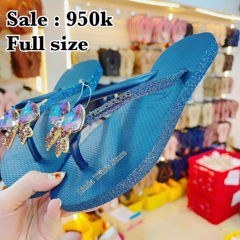 dép HVN kim tuyến viền xanh tím mix charm nơ tím