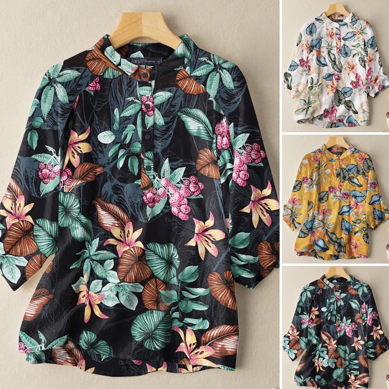 Áo kiểu ZANZEA cổ đứng in họa tiết cây lá nhiệt đới phong cách retro thời trang dành cho nữ