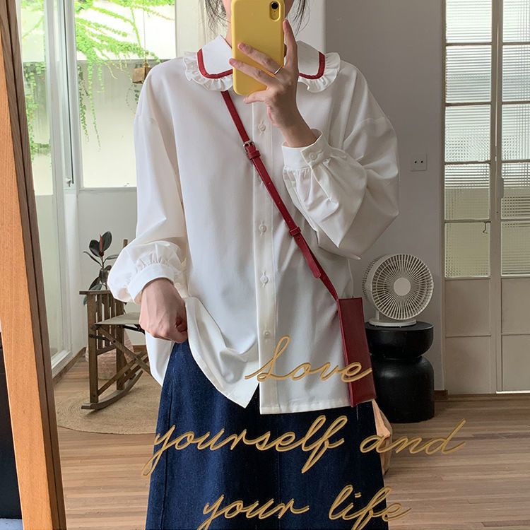 Áo Sơ Mi Trắng Tay Dài Cổ Peter Pan Phối Ren Nghệ Thuật Phong Cách Retro Thời Trang Dành Cho Nữ