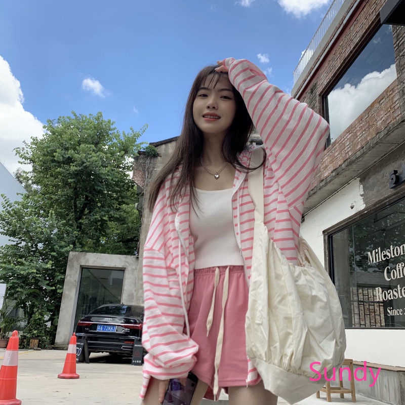 Áo Khoác Cardigan Chống Nắng Dáng Rộng Họa Tiết Kẻ Sọc Thời Trang Mùa Thu Phong Cách Hàn Quốc Cho Nữ