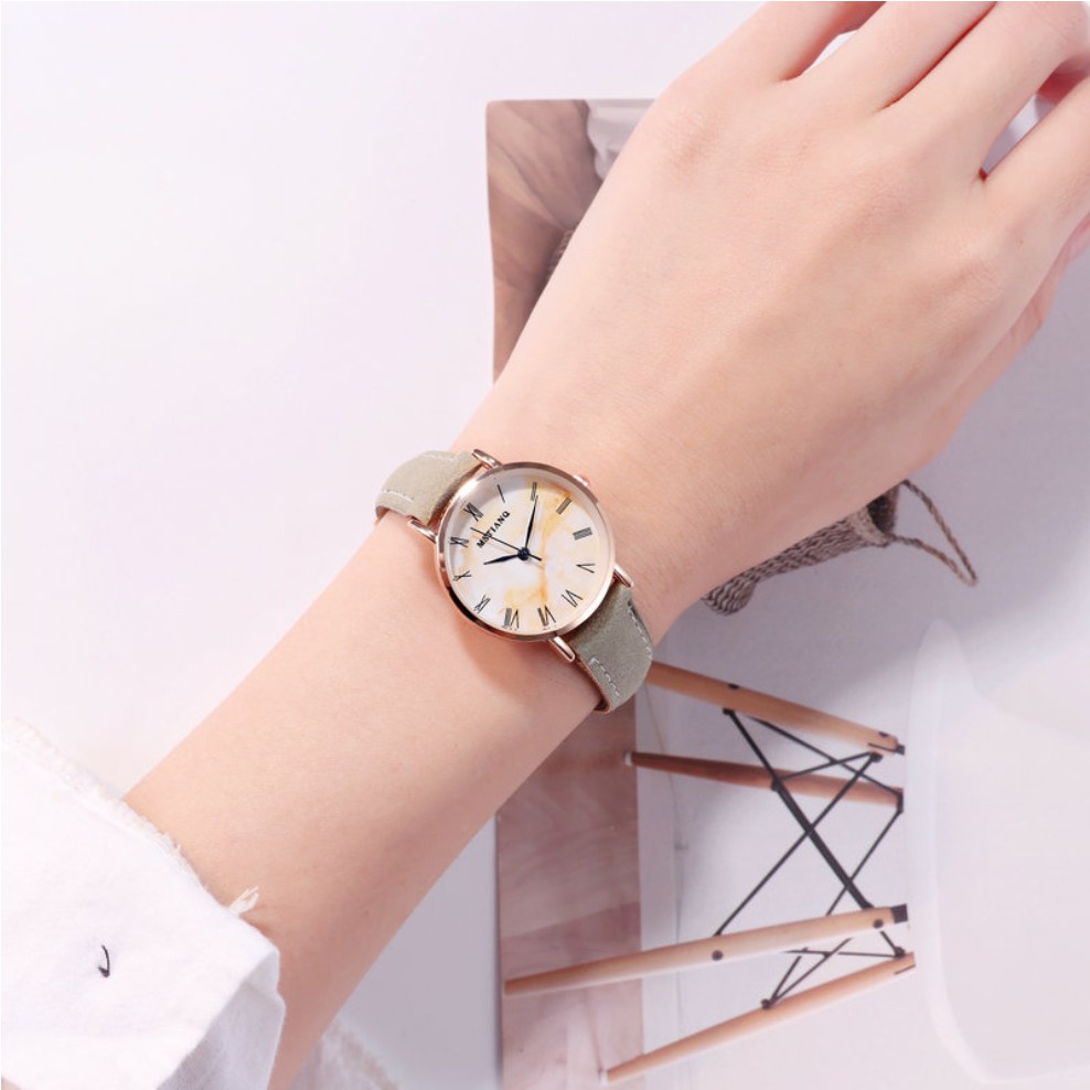 Đồng Hồ Nữ Dây Da Mstianq Korea Mặt Đá Pha Màu Phong Cách Hàn Quốc - Hazo