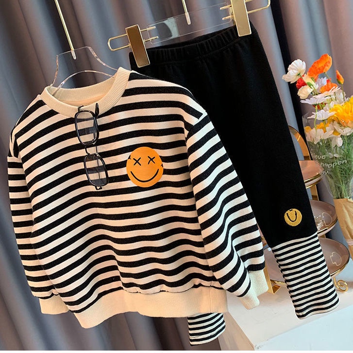 Bộ Đồ Cotton Nguyên Chất Họa Tiết Kẻ Sọc Thời Trang Mùa Thu Hàn Quốc Mới Cho Bé Gái