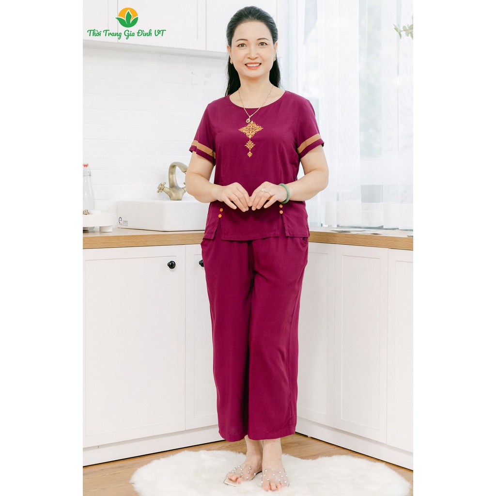 Đồ bộ mặc nhà trung niên thu đông Việt Thắng, quần dài, áo cộc tay, chất lanh - B26.2202