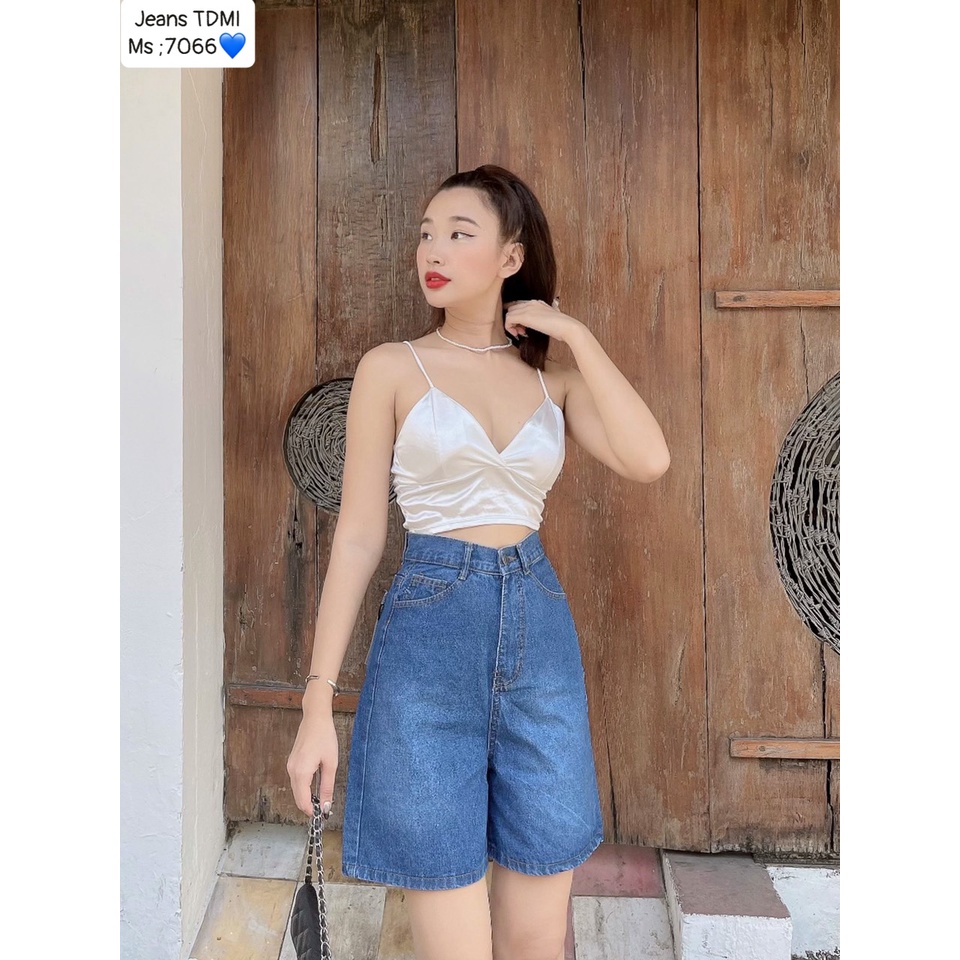 Quần short lửng ngố bò jean nữ lưng cao ống rộng chất trơn mềm