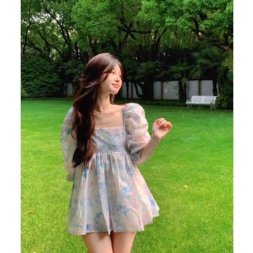 Đầm babydoll tay phồng cổ vuông, đầm tôn dáng