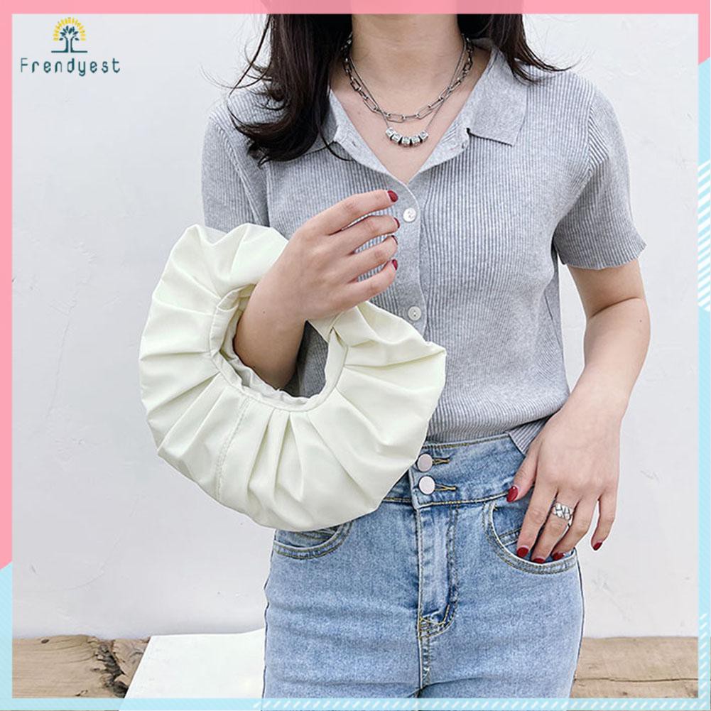 Túi xách hình tròn bằng da PU họa tiết xếp ly nhỏ màu trơn thời trang cho nữ