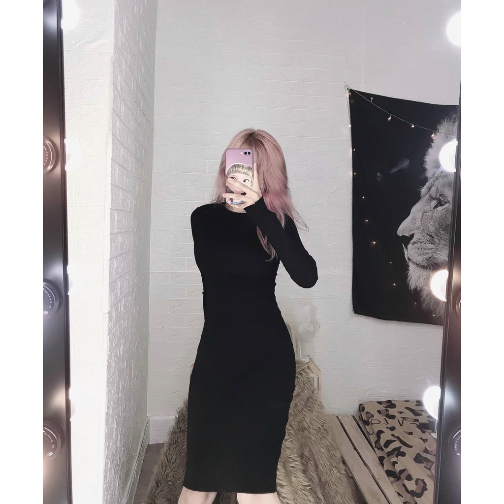 đầm thun trơn tay dài ôm body kiểu dáng đơn giản xinh xắn