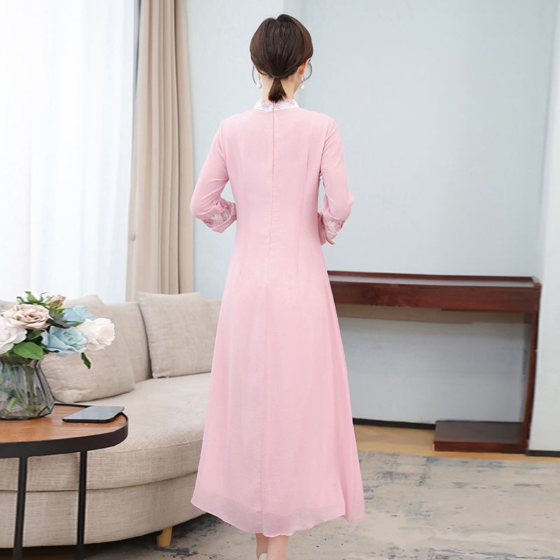 Váy dài2021 Mới Tang Suit Phong cách Trung Quốc Dịch vụ Nữ Retro Slim Thêu Phiên bản cải tiến sườn xám của trang