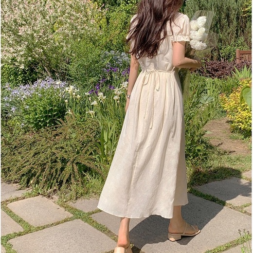 Đầm midi SUXI tay ngắn cổ chữ V màu trơn phong cách Hàn Quốc thời trang cho nữ