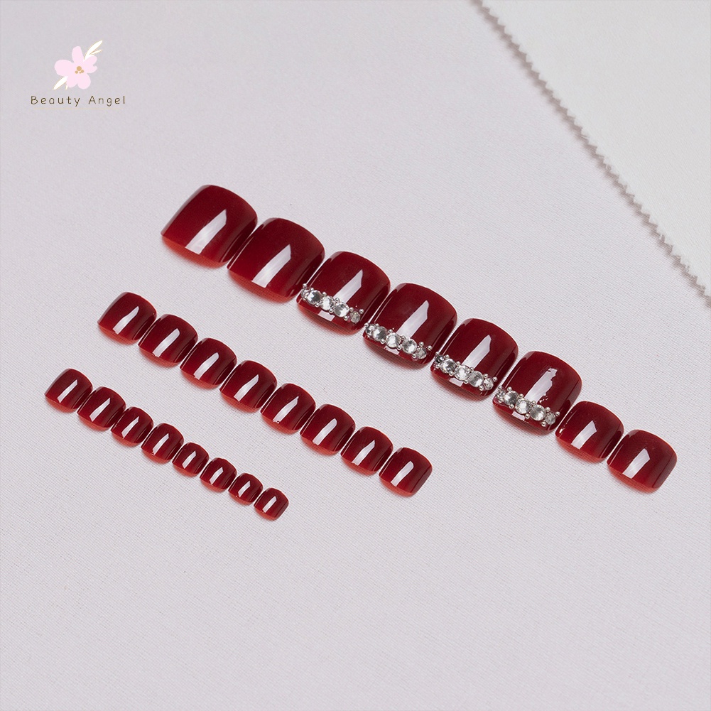 Set 24 Móng Chân Giả Màu Đỏ Rượu Vang Sáng Bóng Che Phủ Toàn Diện Có Thể Tháo Rời