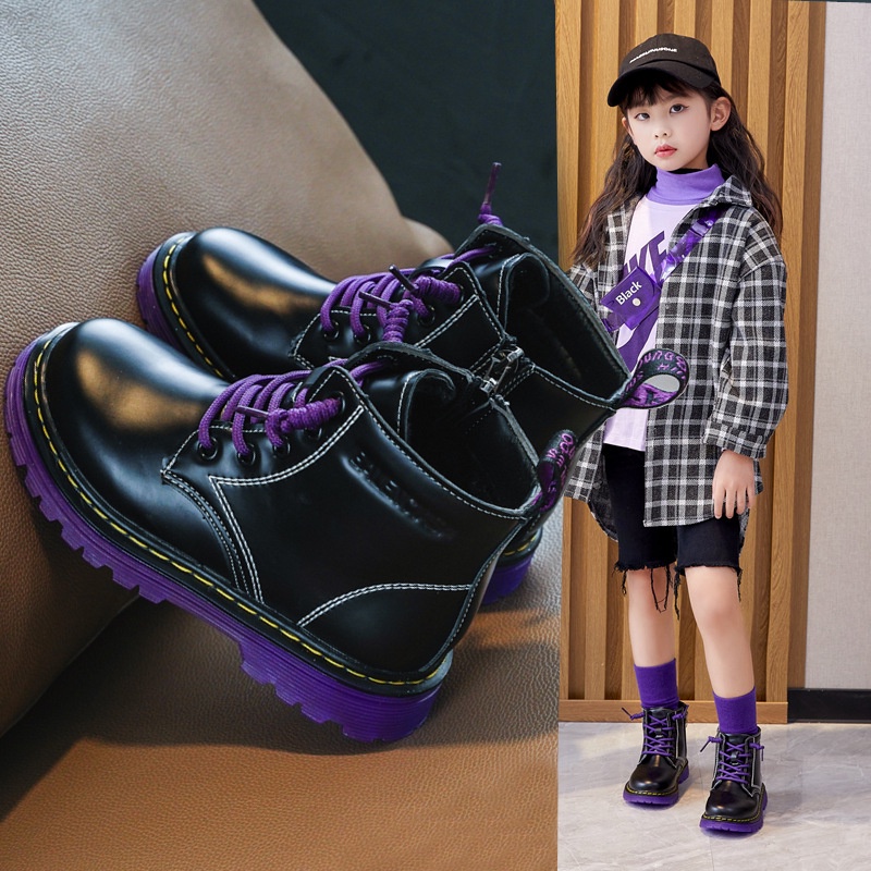 Boot trẻ em bé gái bé trai da mềm bóng đế êm nhẹ màu Đen size 27-37 cho bé 3-18 Tuổi Bốt thời trang phong cách 2022