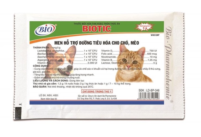 Men tiêu hoá cho chó mèo Biotic hổ trợ đường ruột, tiêu chảy 5g Con