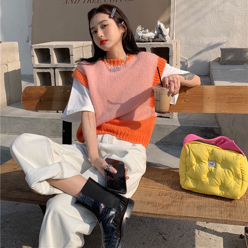 Áo dệt kim không tay dáng rộng thời trang phong cách dễ thương cho nữ