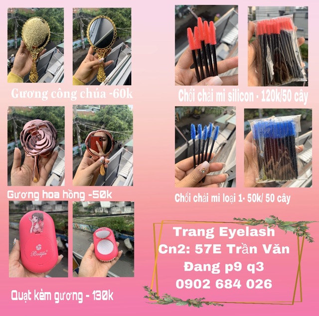 Gương soi + Chổi chải mi + quạt thổi mi
