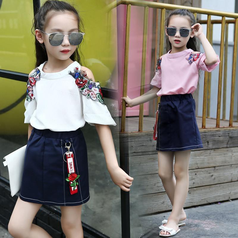Set Áo Trễ Vai Tay Ngắn Hoạ Tiết Hoa + Chân Váy Cho Bé Gái