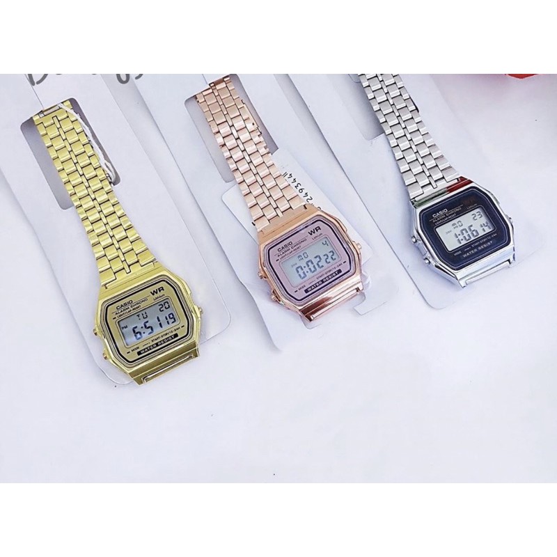 ĐỒNG HỒ ĐIỆN TỬ UNISEX THỜI TRANG CASIO A159 DÂY KIM LOẠI MÀU HỒNG SIZE NAM NỮ SÀNH ĐIỆU