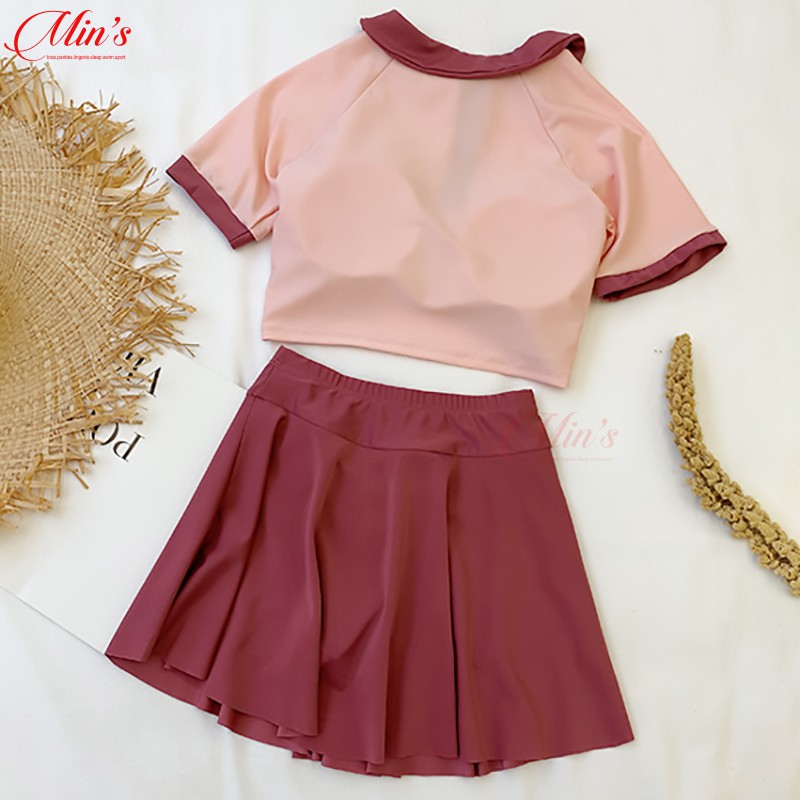 Đồ Bơi Nữ Đẹp Đi Tắm Biển Áo Croptop Cổ Bẻ Váy Có Kèm Quần 2 Màu Xanh, Hồng MIN Bikini | BigBuy360 - bigbuy360.vn