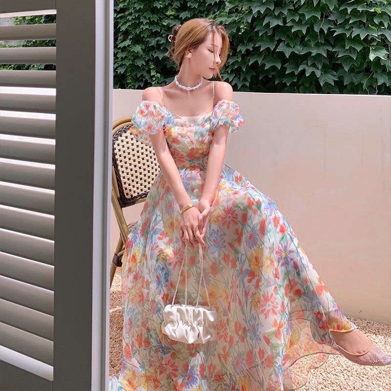Đầm maxi hoa trễ vai đan lưng chéo cá tính váy nữ xinh đẹp quyến rũ đi tiệc,dạo phố sang trọng