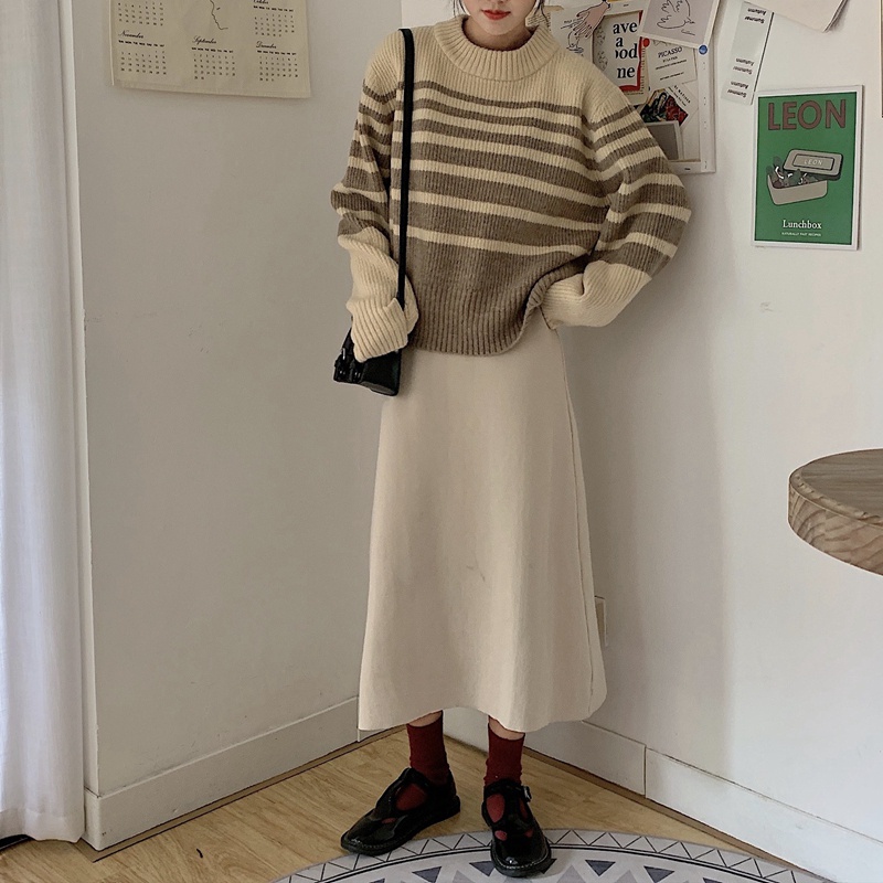 Áo sweater tay dài dáng rộng kẻ sọc phong cách Hàn Quốc trẻ trung