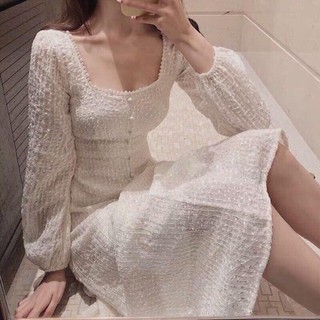 (Hàng order) Váy cổ vuông tiểu thư đính hạt