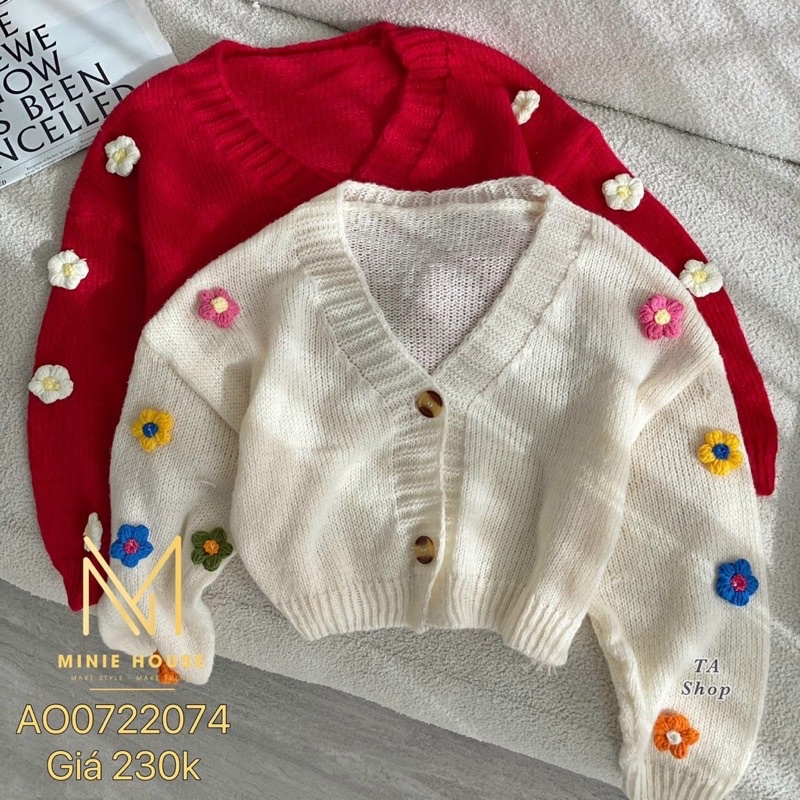 Áo khoác len nữ cadigan bông hoa nổi, hai màu đỏ trắng mới về