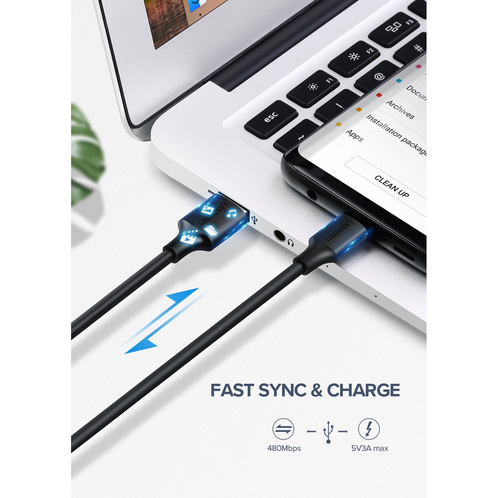 Cáp sạc nhanh Type C Baseus Ugreen 3A, sạc nhanh, truyền dữ liệu tốc độ cao, US287 chính hãng, bảo hành 12 tháng