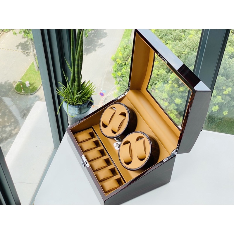 Hộp đồng hồ gỗ sơn mài phủ sơn piano có ngăn xoay & đèn led
