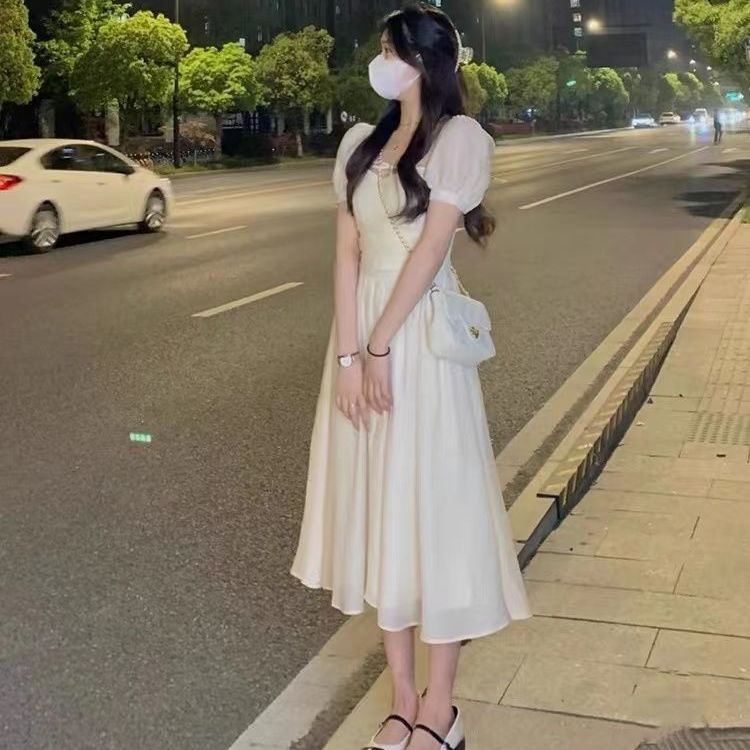 Đầm Cổ Vuông Tay Phồng Họa Tiết Kẻ Sọc Thiết Kế Eo Cao Thời Trang Mùa Hè Mới Cho Nữ