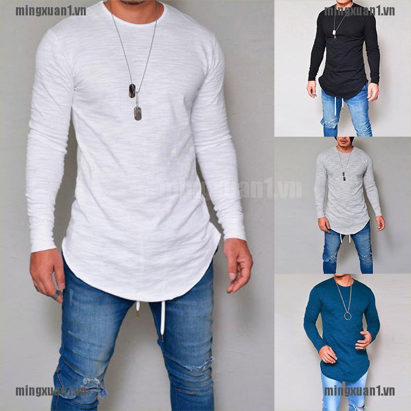 MINON Mens Gym T Shirt Longline Slim Fit Muscle Long Sleeve Curved Hem Tee Tops Casual VN