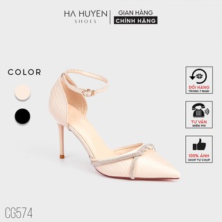 Giày cao gót nữ Hà Huyền Shoes nhung xước khoét eo phối đá xoắn quai cổ gót nhọn 9 phân - CG574