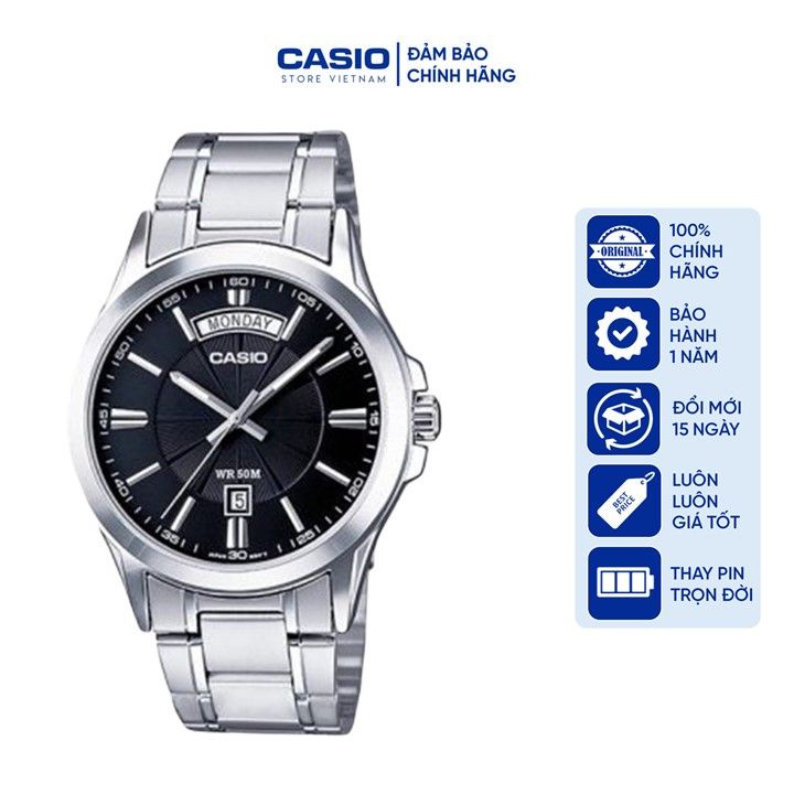 Đồng hồ Nam Casio MTP-1381D-1A, đồng hồ chính hãng, bạc mặt đen
