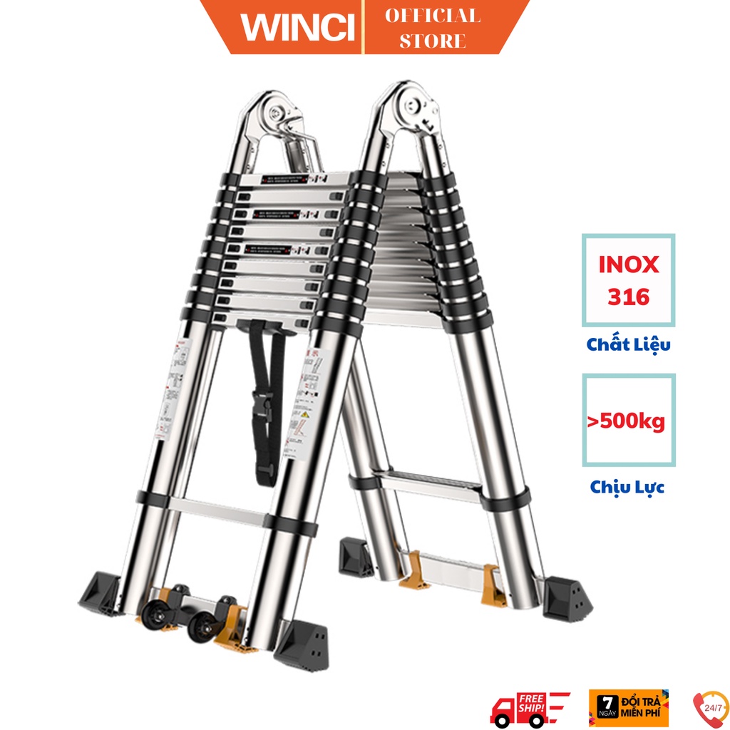 Thang INOX Rút Chữ A, INOX 316 chính hãng WINCI, Win-TRS(X), Có bánh xe, chịu tải tối đa 800kg.