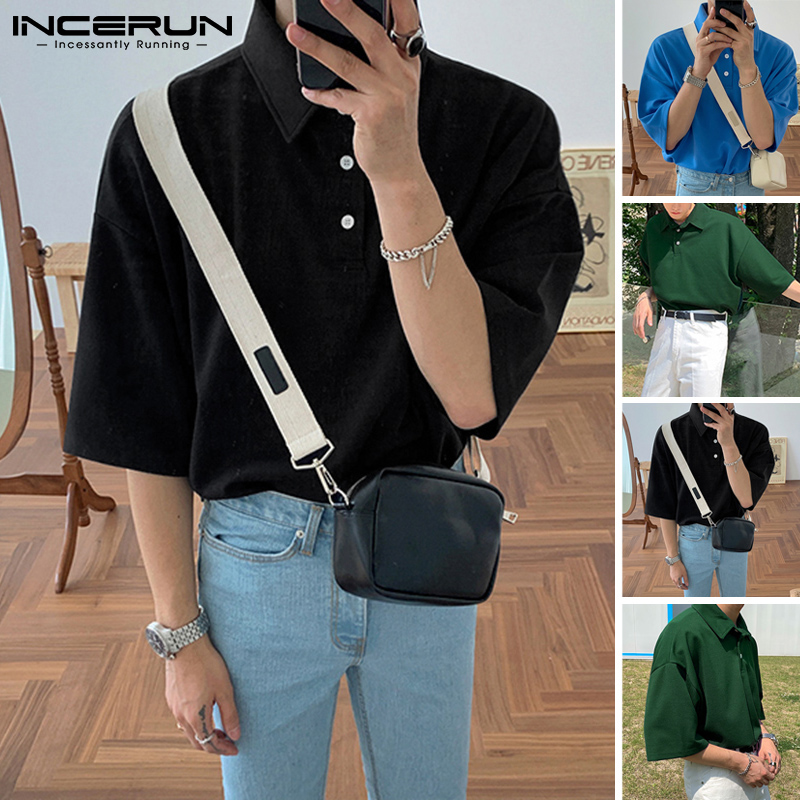 Áo INCERUN Cotton Tay Ngắn Màu Trơn Cổ Bẻ Thời Trang Đơn Giản Cho Nam