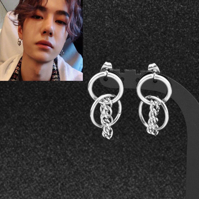 Bông tai titan unisex kiểu xích lồng khoen tròn không gỉ Vương Nhất Bác UE2201