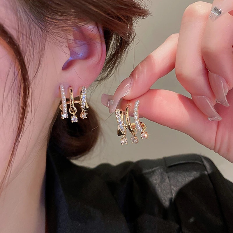 Khuyên Tai Hình Học Nhiều Lớp Đính Đá Zircon Phong Cách Hàn Quốc Mới Cho Nữ