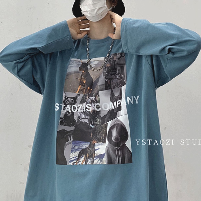 Áo thun tay dài dáng rộng in họa tiết hoạt hình phong cách Hàn Quốc thời trang cho nam size M-5XL