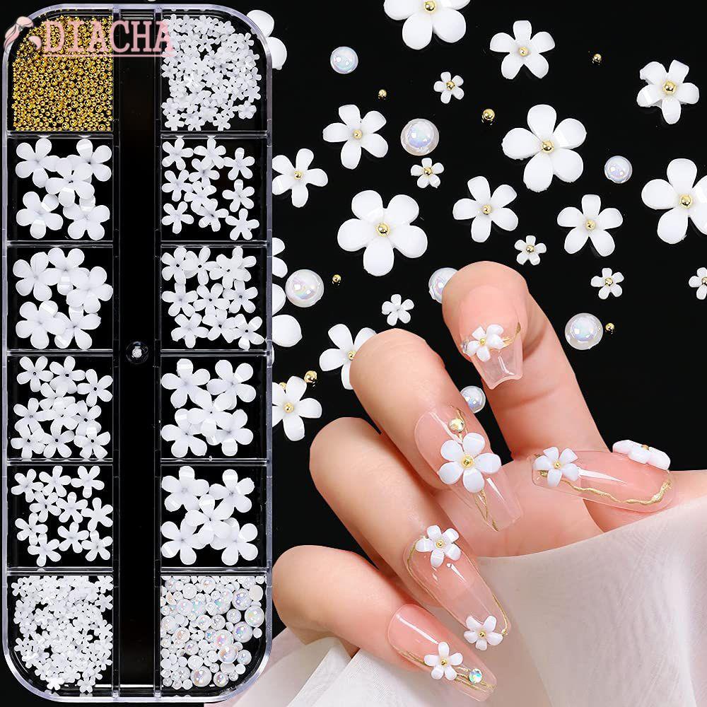 [Hàng mới về] Hộp 12 ngăn phụ kiện trang trí móng tay hình hoa vỏ sò 3D bằng hợp kim đính ngọc trai giả DIY
