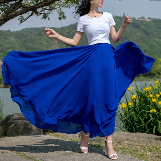 [M &amp; E] Chân Váy Voan Dài Dáng Chữ a Ba Lớp Viền Viền Thời Trang Xuân Hè Mới Đi Biển Thần Tiên Dan