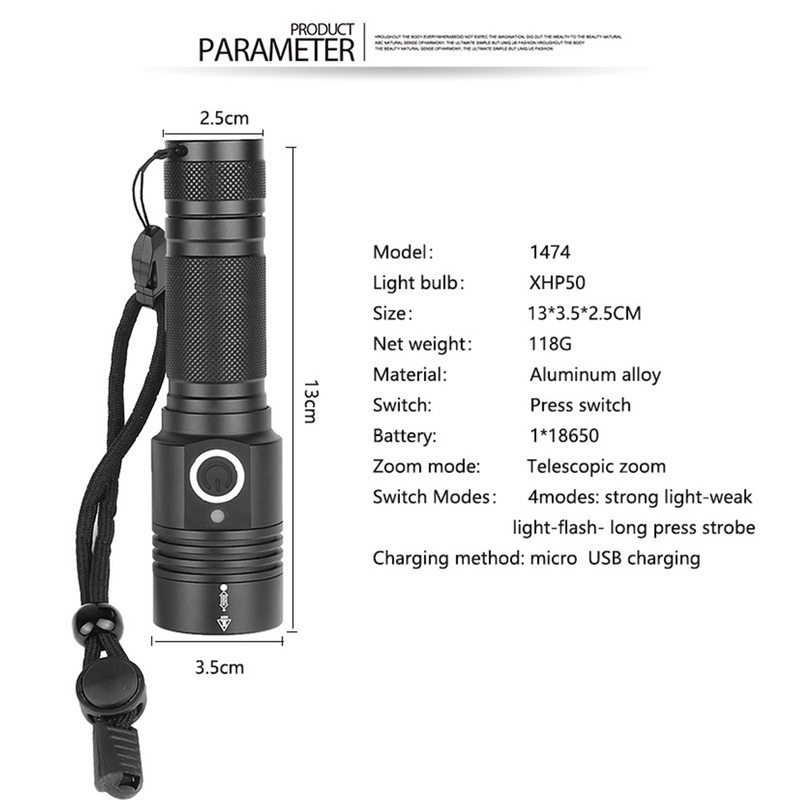 Đèn pin 6000LM siêu sáng xhp50.2 Có thể sạc lại USB Có thể thu phóng bằng pin 18650