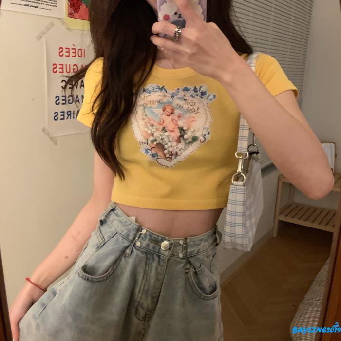Áo Croptop Tay Ngắn In Hình Thiên Thần Xinh Xắn Cho Nữ