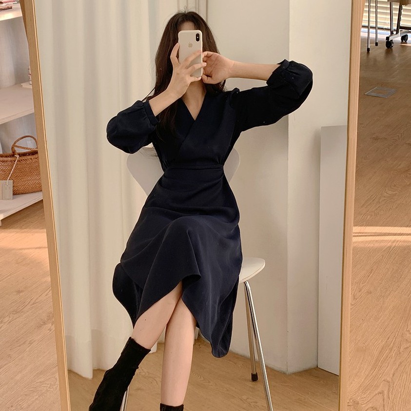 Đầm tay dài cổ chữ V xinh xắn cho nữ 39078