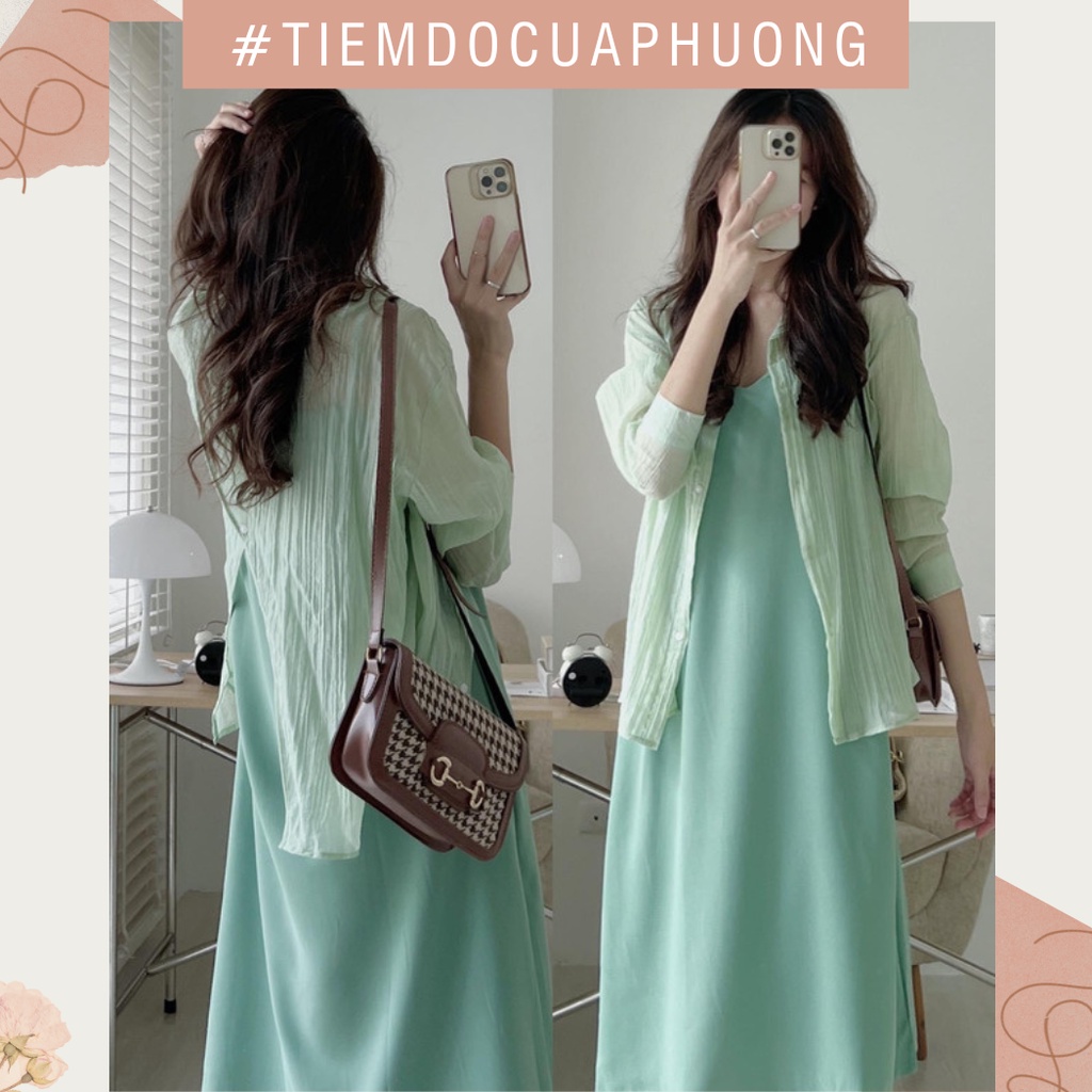 Set váy hai dây dáng dài kèm áo khoác sơ mi ulzzang Hàn Quốc