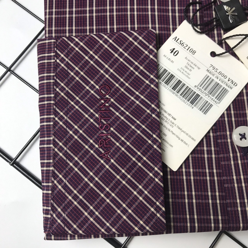 Áo sơ mi dài tay Aristino  kẻ ô đỏ sợi sồi  from ôm  ALS62108-