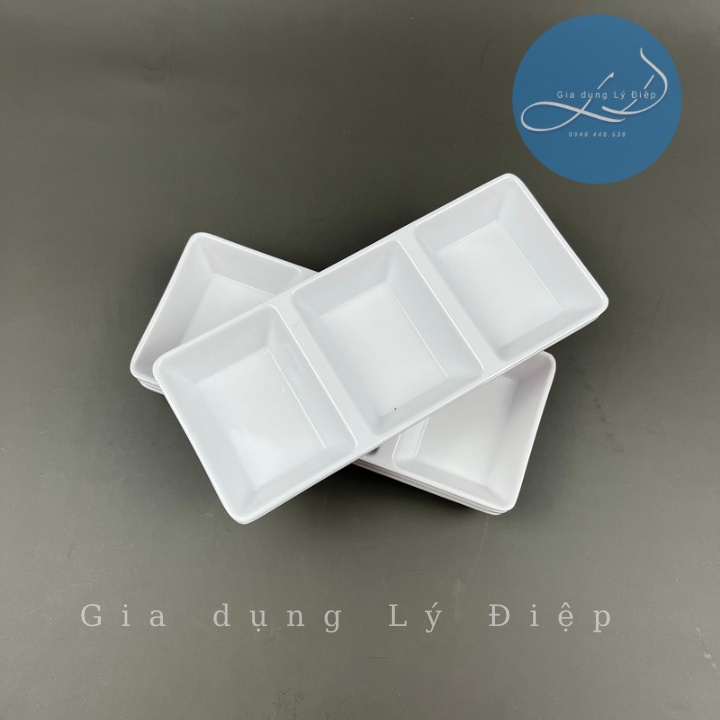 Dĩa muối nhựa melamine trắng 3 ngăn chữ nhật c106 an toàn, tiện lợi