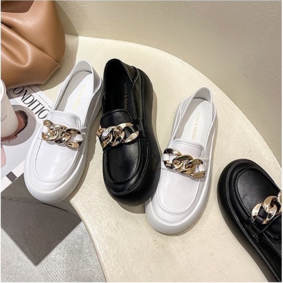 Giày Moca Loafer Ulzzang Vintage, Giày Lười Nữ Da Pu Cao Cấp Họa Tiết Móc Xích Đế Độn 3cm, Hàn Quốc - Iclassy_shoes