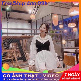 Set áo sơ mi phối gile trắng đen style Hàn Quốc mã AV1