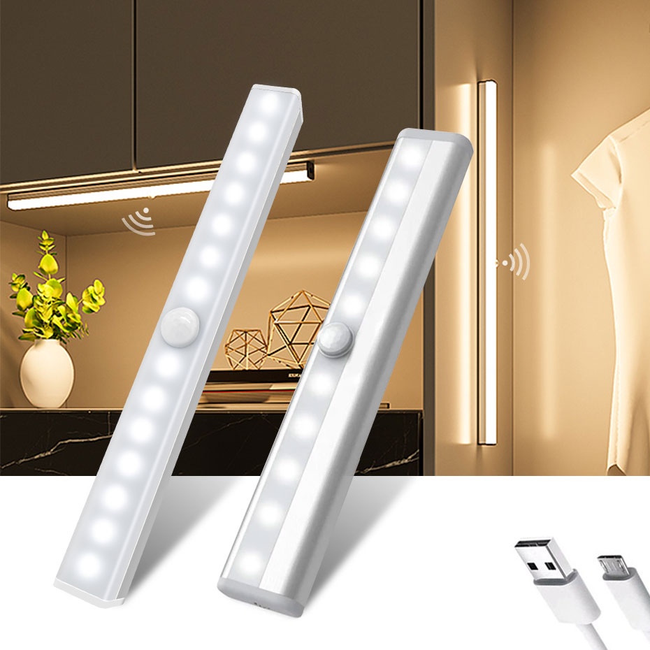 Đèn Led 10 Bóng Cảm Biến Chuyển Động PIR Ánh Sáng Trắng Ấm Gắn Dưới Tủ Chén/Cầu Thang/Tủ Quần Áo