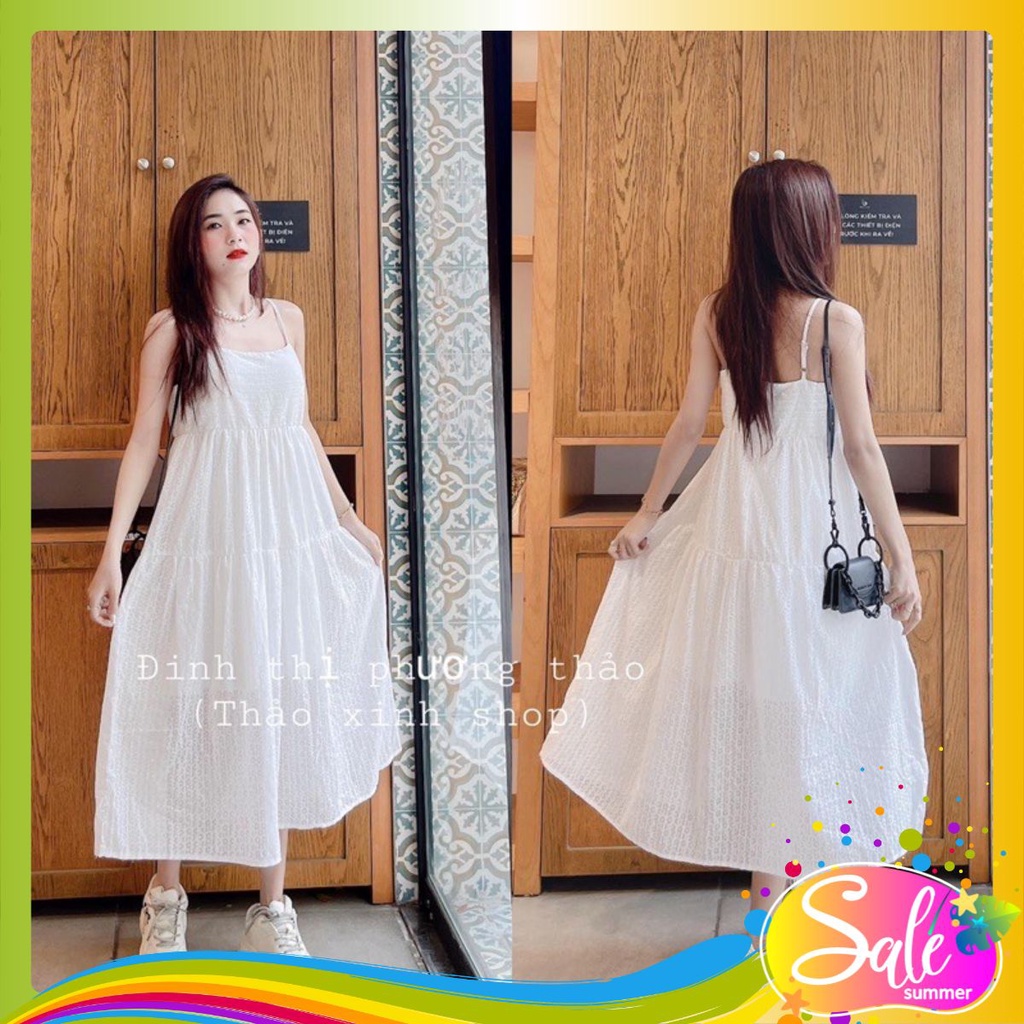 Váy 2 dây maxi trắng xòe 2 tầng nữ tính bánh bèo Đầm hai dây xếp ly dài qua gối tiểu thư công chúa trẻ đẹp hot SUV007