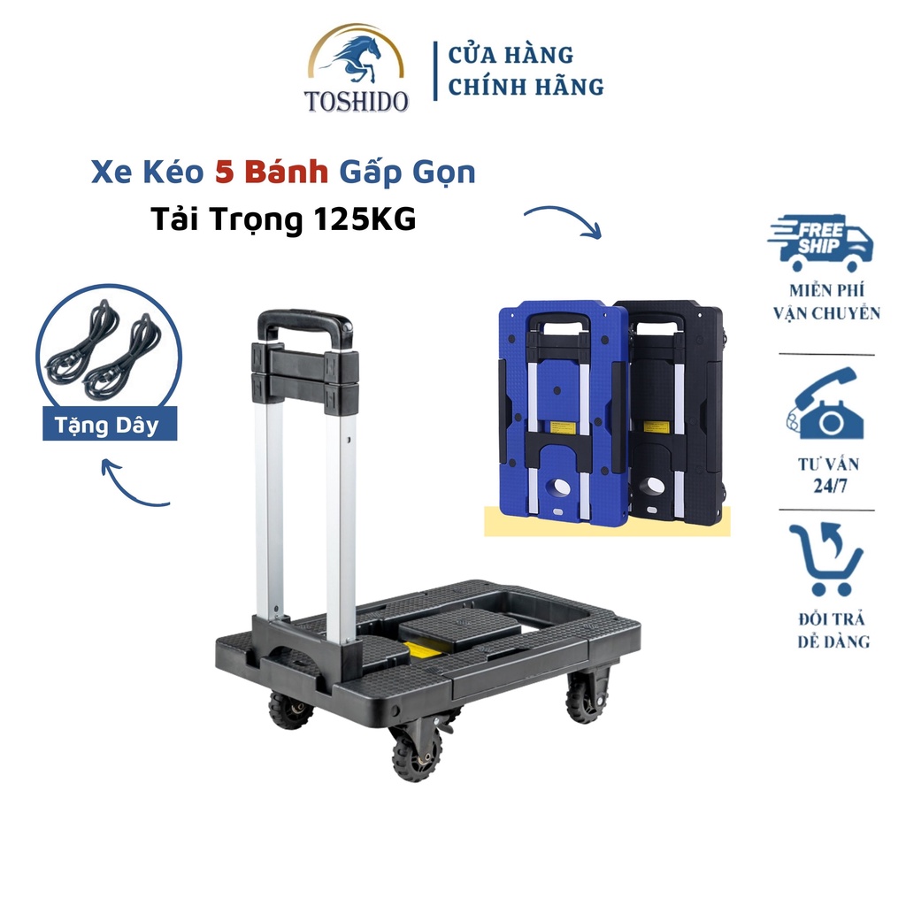 (Tặng dây) Xe đẩy hàng, kéo hàng đa năng 5 bánh gấp gọn tải trọng 125kg, xe chở hành lí gấp gọn